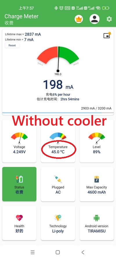 The phone temperature without the phone cooler